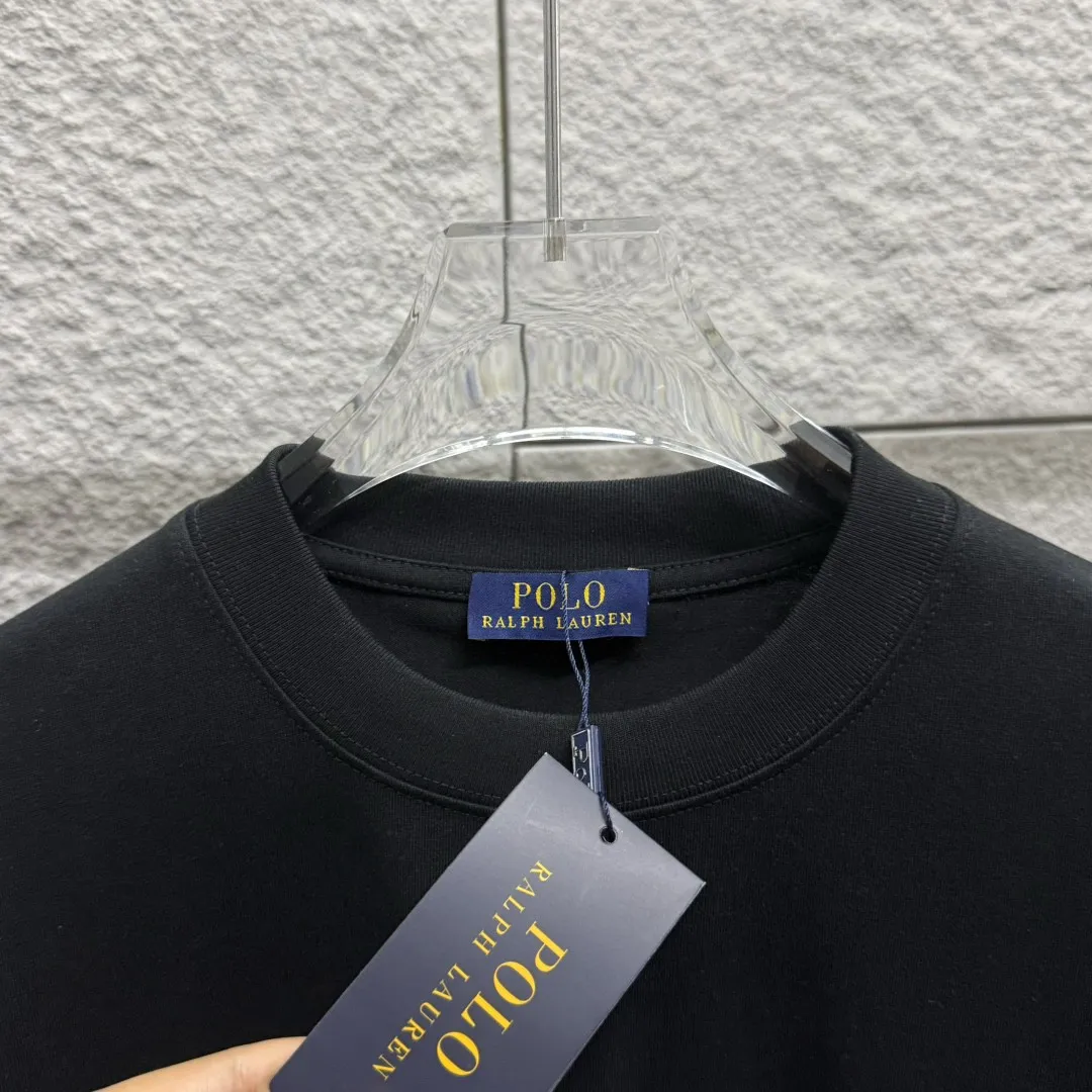 P150 Polo* Ralph Lauren 2025 spring and summer new style Classic letter pony print custom double yarn plain cotton fabric short-sleeved T-shirt for men and women Color: black white Size: S (90-130 pounds) M (120-150 pounds) L (140-165 pounds) XL (160-180 pounds) XXL (180-210 pounds)